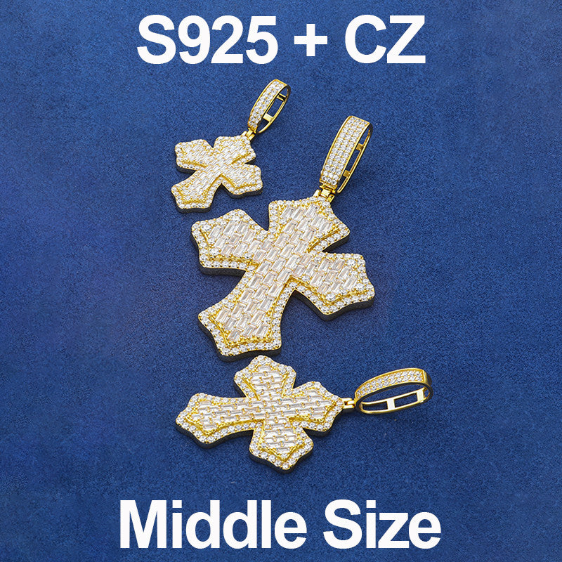 Cross Shield | Solid 925 Sterling Silver Moissanite Diamond Baguette Hip Hop Pendant