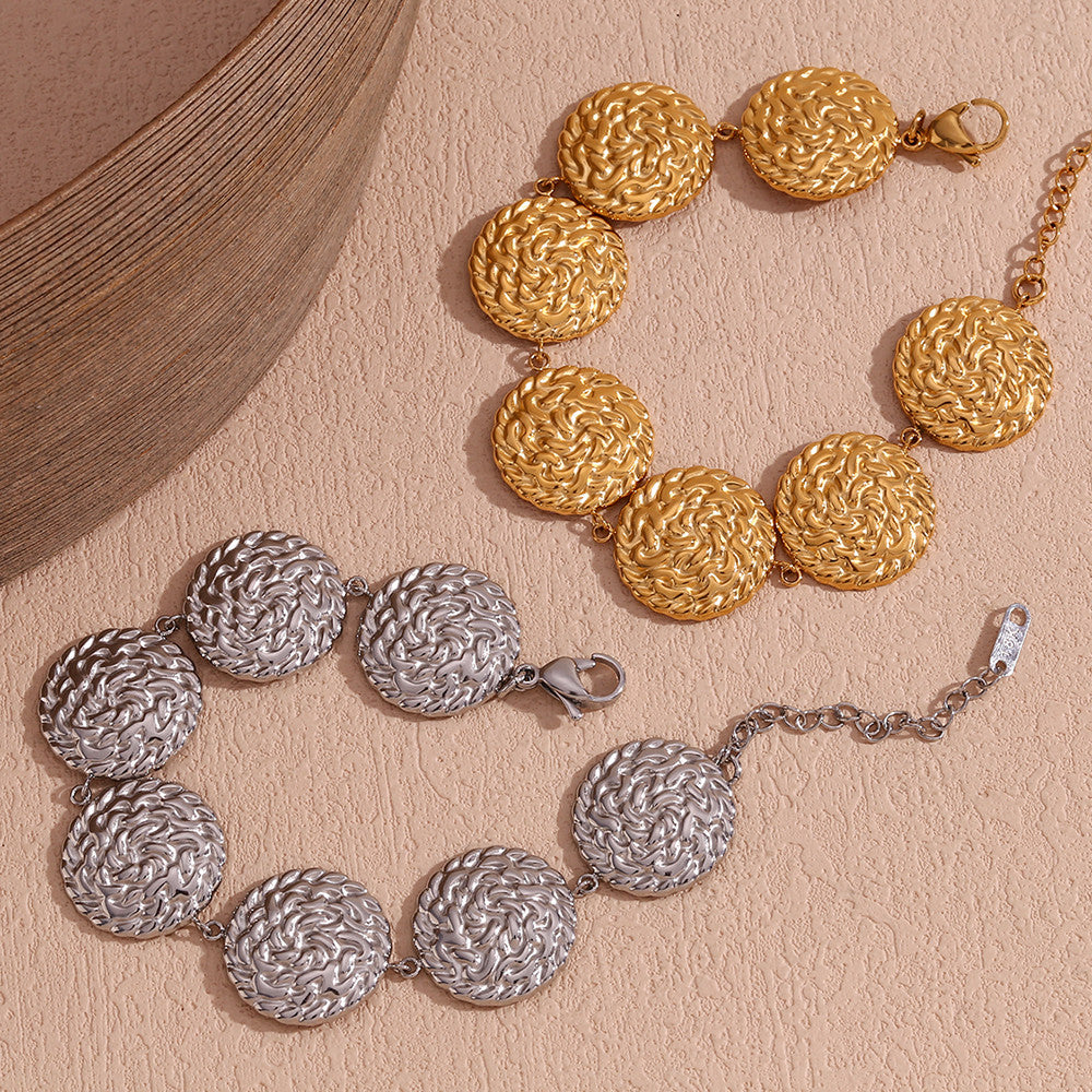 18k Gold Silver Circular Hammered Pattern Tarnish Free Stainless Steel Bracelet