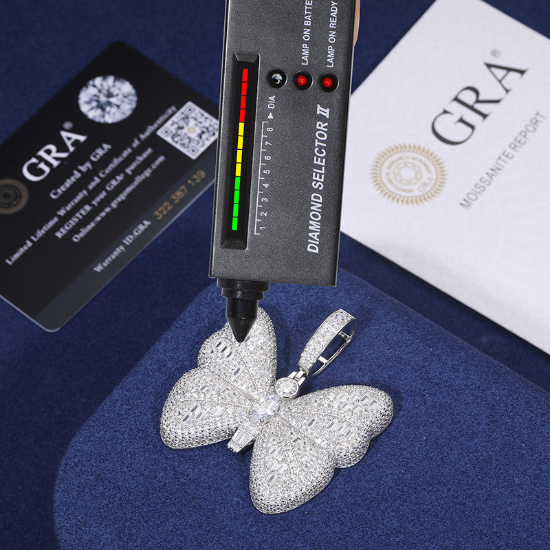 Iced Blinged Out Moissanite Diamond Sterling Silver Butterfly Hip Hop Pendant Necklaces