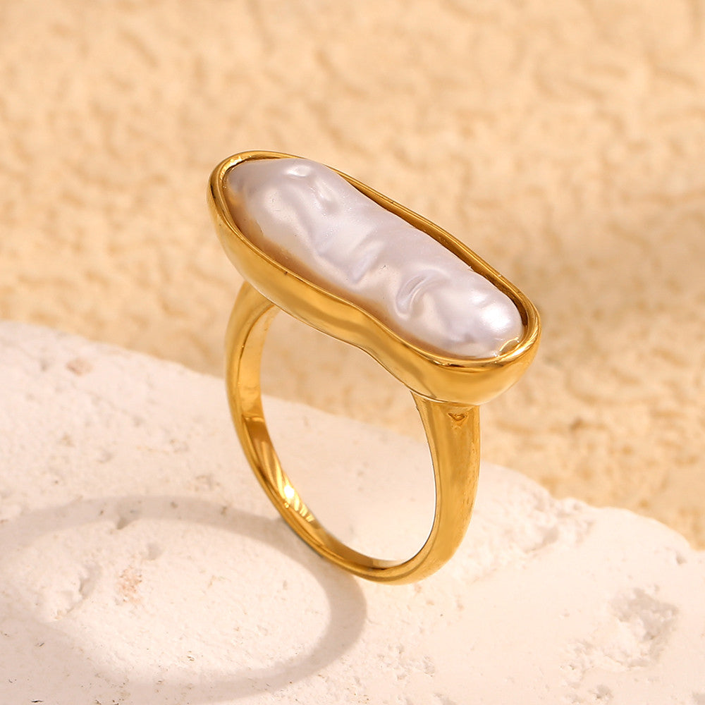 18k Gold Over No Fade Solid Stainless Steel Long Strip Freshwater Pearl Rings