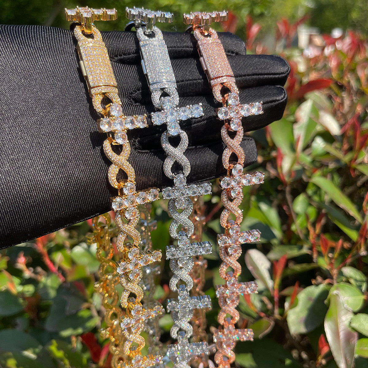 24k Gold Silver Rose Gold Designer Infinity Cross Prong Set Stone Chain Necklace