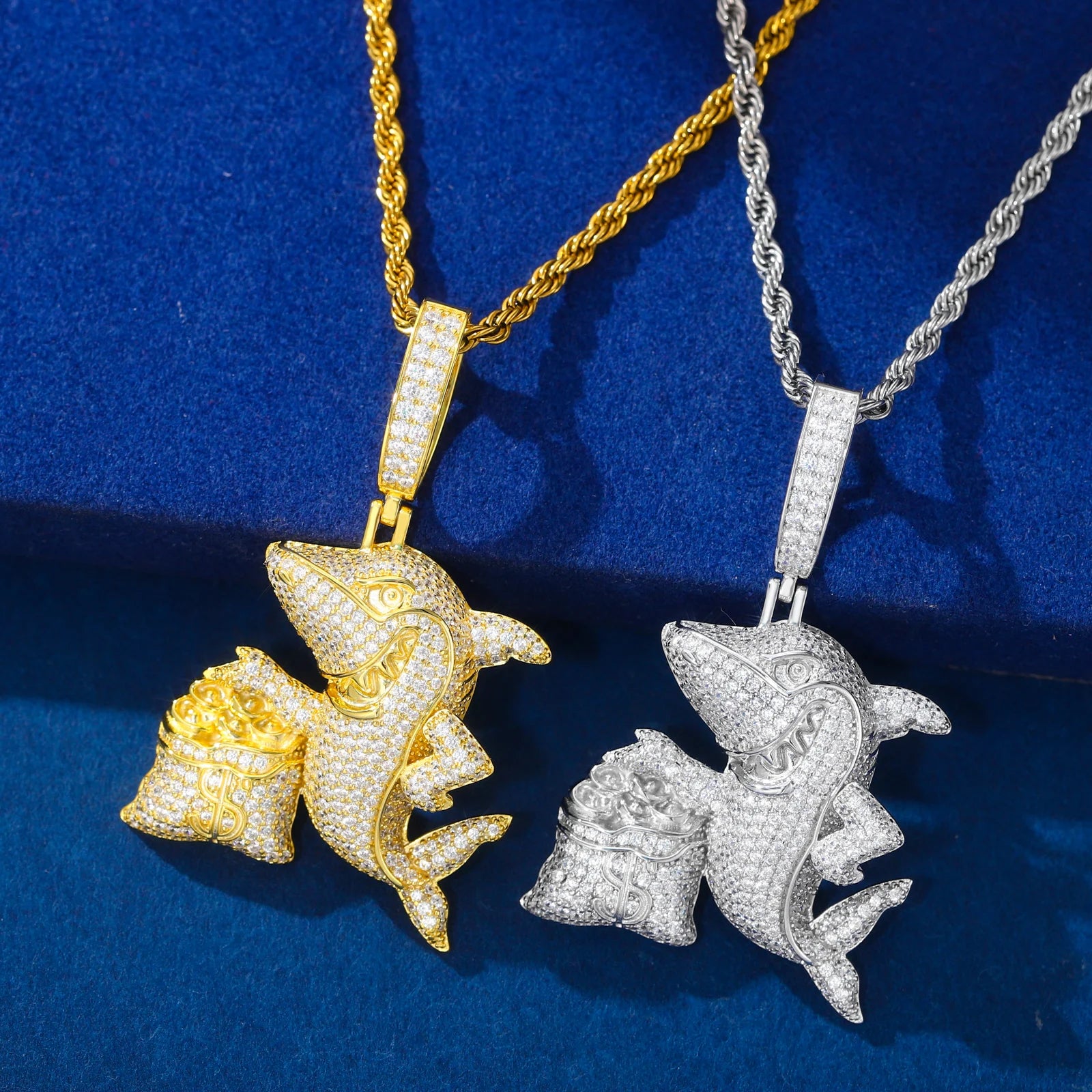 Hustler Shark | 925 Sterling Silver Iced Blinged Out Out Moissanite Shark Money Bag Pendant