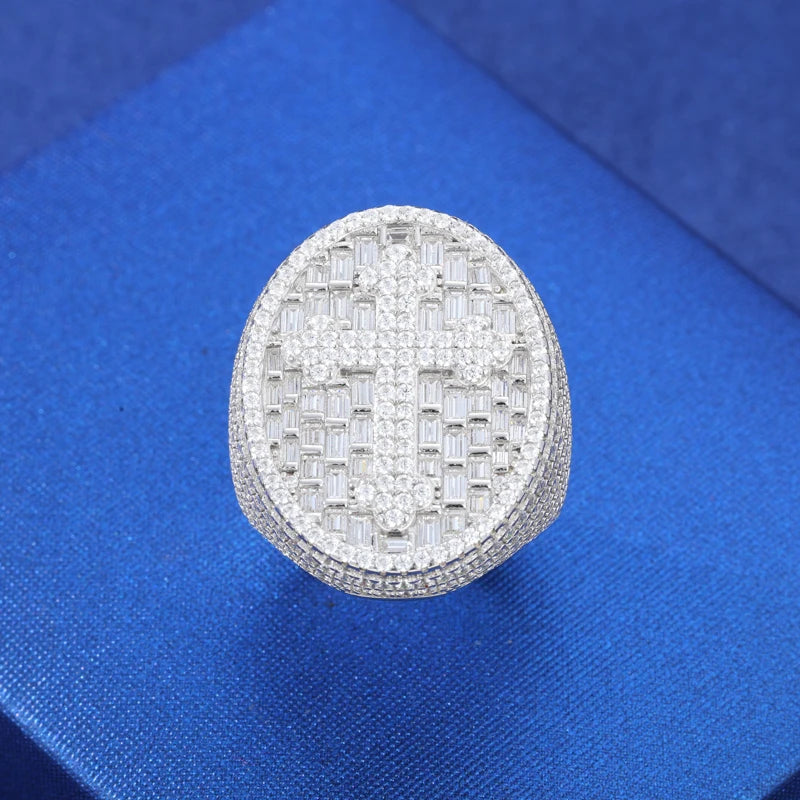 Ribbon Cross Ring | Moissanite Diamond Solid Silver Iced Blinged Out Cross Ring