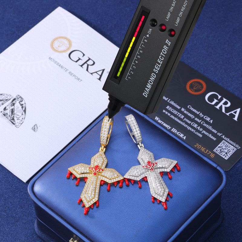 Blood Ties | Solid 925 Sterling Silver Moissanite Diamond Hip Hop Blood Drip Cross Pendant