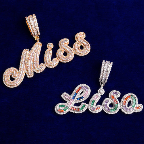 Candy Elegance | Colorful VVS Diamond CZ Baguette Custom Script Bling Necklace