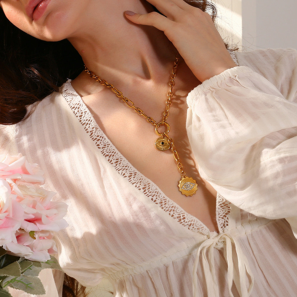 18k Gold Over Solid No Fade Stainless Steel O-Shape Chain Star Heart Eye Tassel Necklace