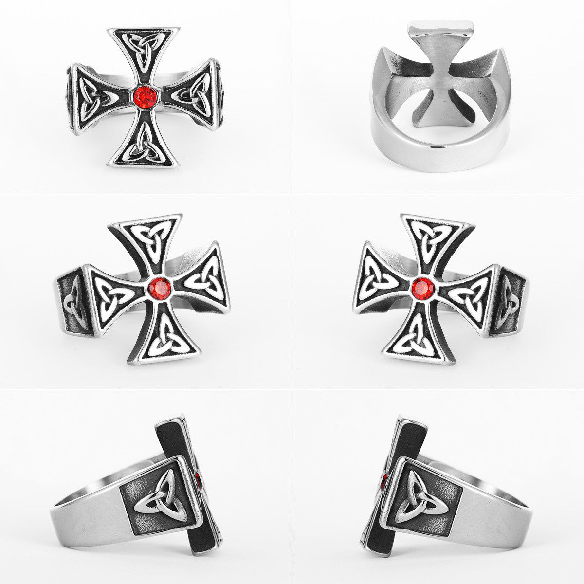 Celtic Knot | No Fade Solid Stainless Steel Biker Cross Red Stone Rings