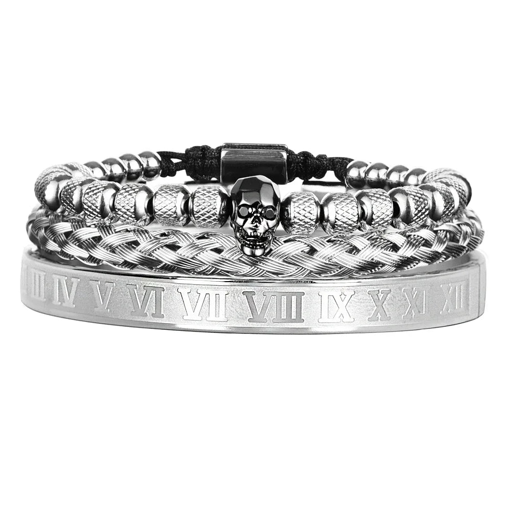 Skull Charm | No Fade Stainless Steel Black Roman Numeral Luxury Men's Bracelets