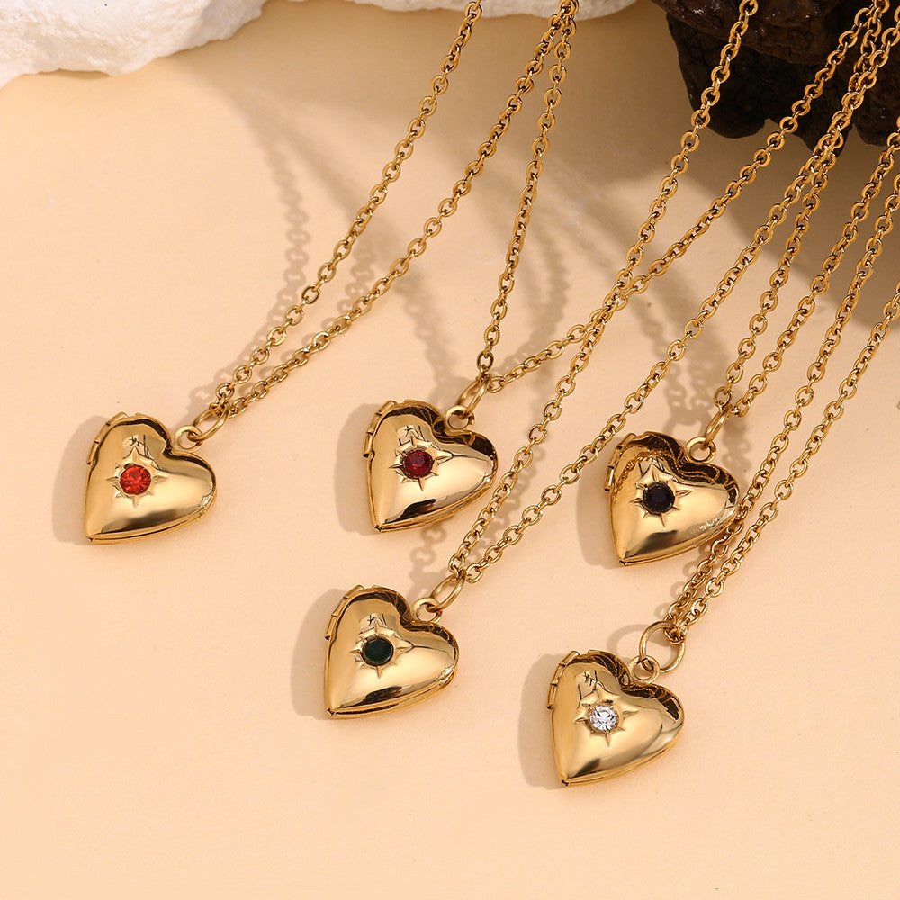 Women's Birth Stone Heart Shape Photo Box Pendant 18k Gold Waterproof Necklace