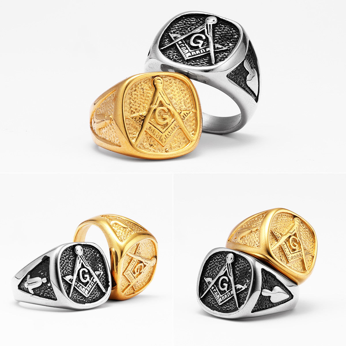 Masonic Luxury | Men's 14k Gold 316L No Fade Stainless Steel Free Mason Compass Square Rings