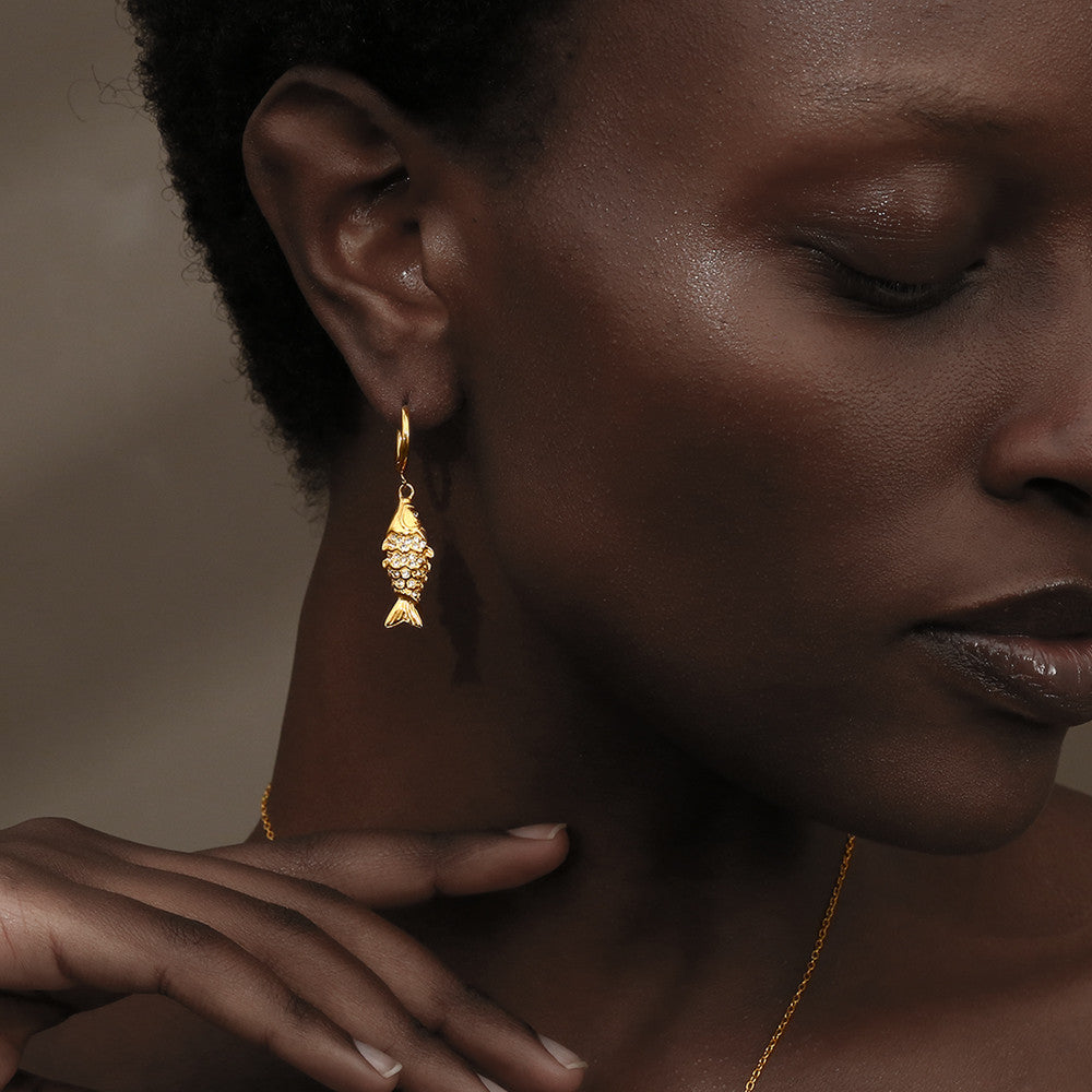 18k Gold Stainless Steel Rhinestone Koi Fish Waterproof Necklace Earring Jewelry Set