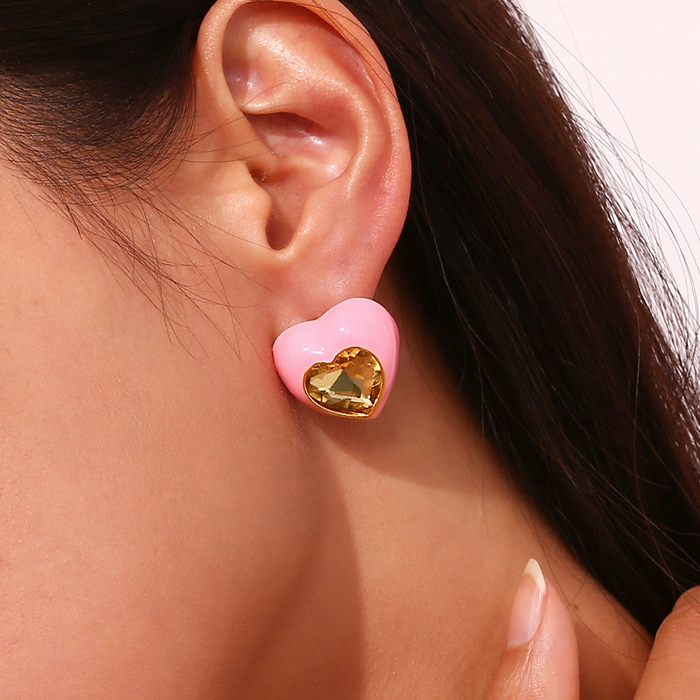 Colorful Gemstone Heart Enamel 18k Gold over Stainless Steel Earrings Rings Jewelry Set