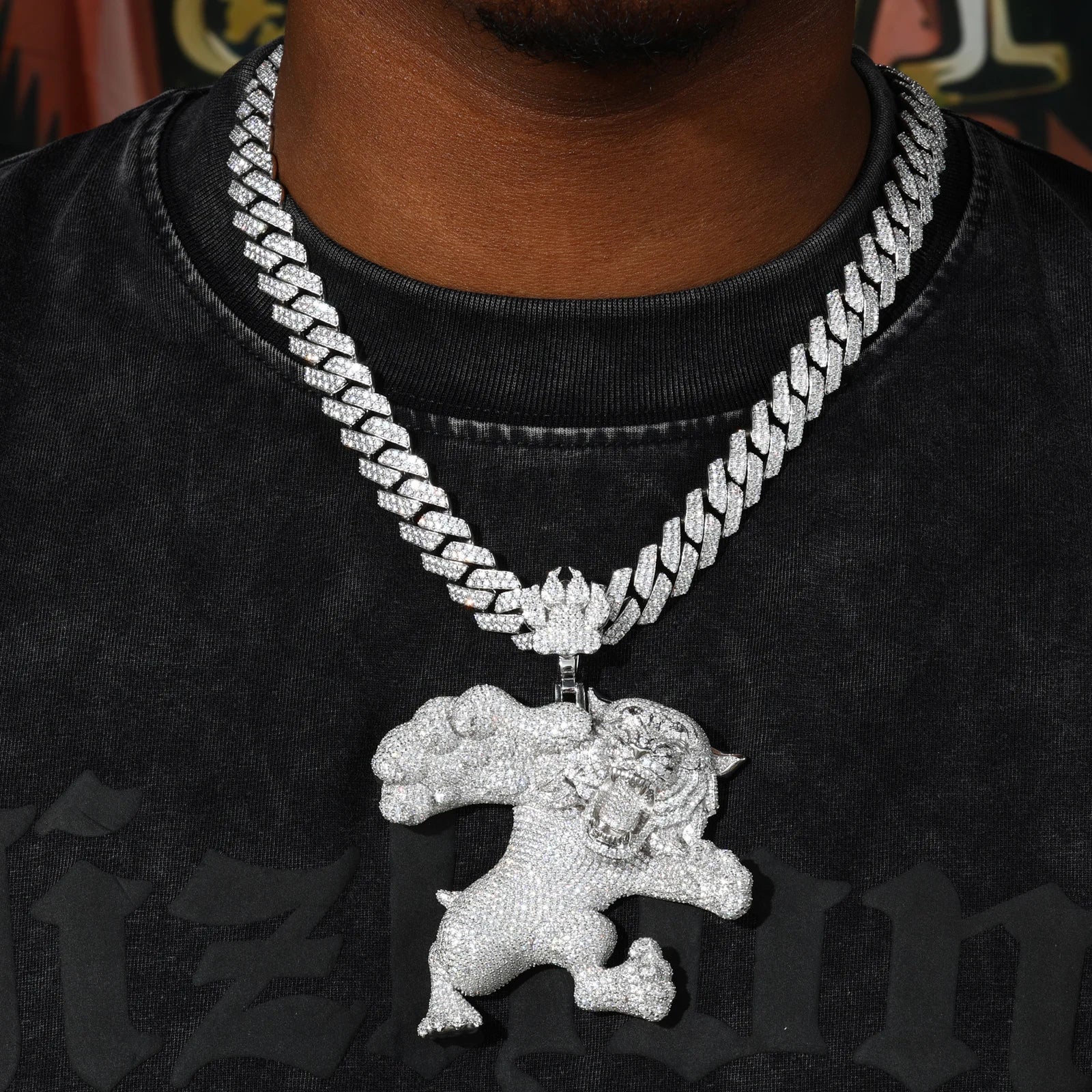 Fighting Tigers | VVS Moissanite Diamond Iced Blinged Out Solid Silver Tiger Pendant