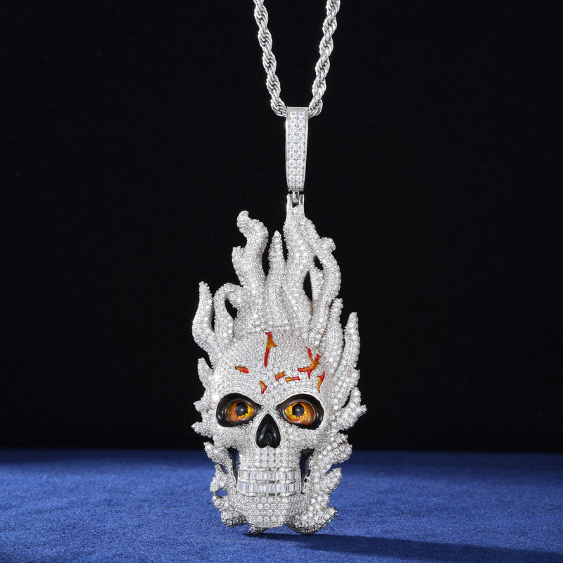 Fire Skull | Solid Sterling Silver VVS Diamond Moissante Hip Hop Pendant