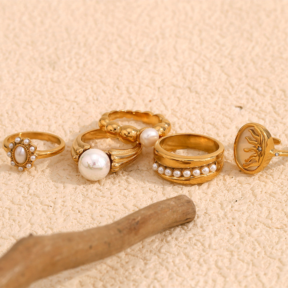 Elegant Imitation Pearl 18k Gold Water Resistant Stainless Steel Rings