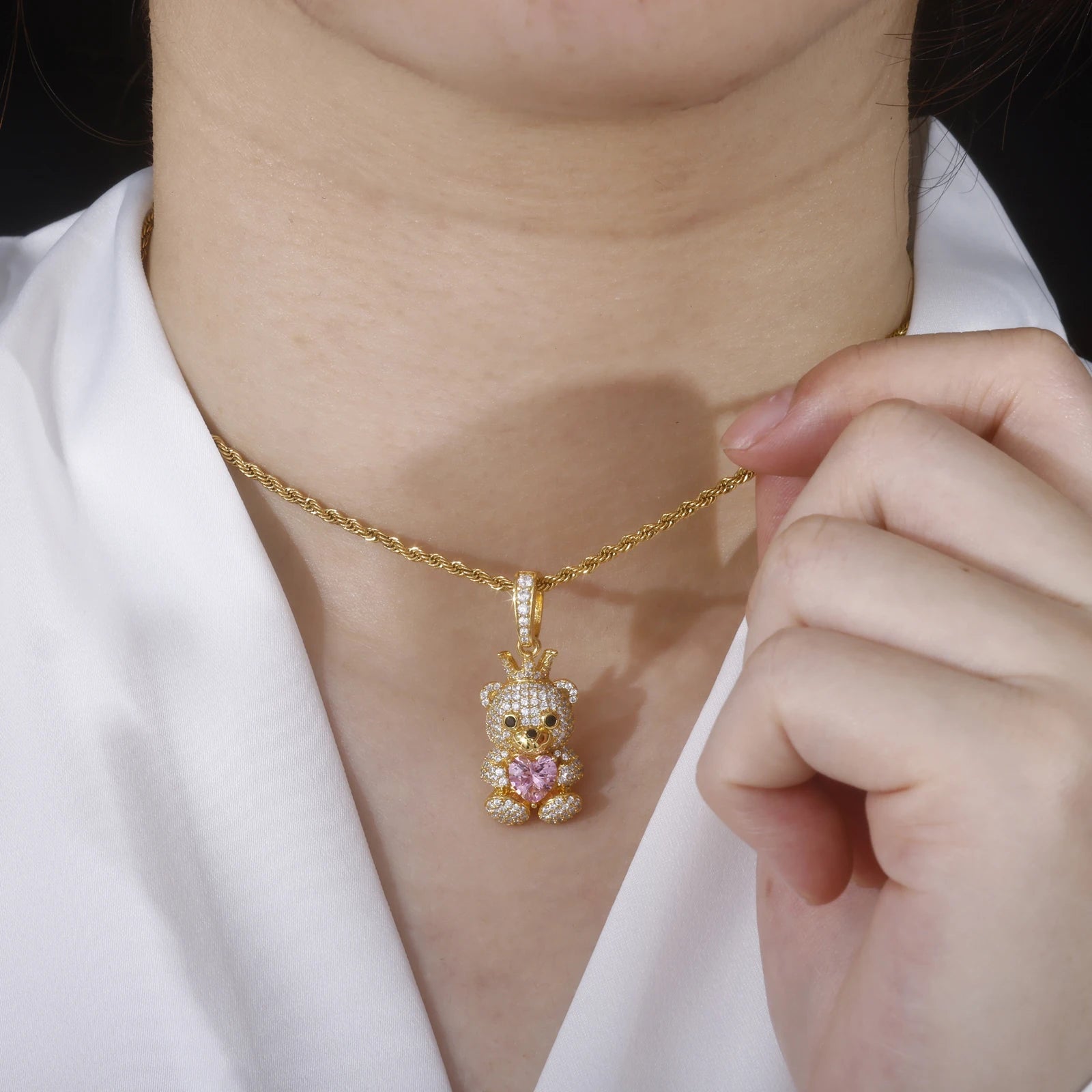Queenie | Solid 925 Sterling Silver Moissanite Diamond Sparkling Cute Teddy Bear Necklace