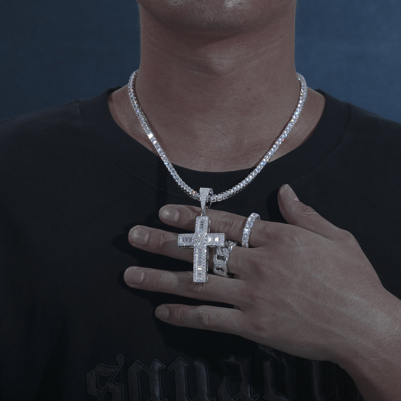 Baguette Iced Cross | Moissanite Diamond Centerstone Solid Silver Hip Hop Pendant
