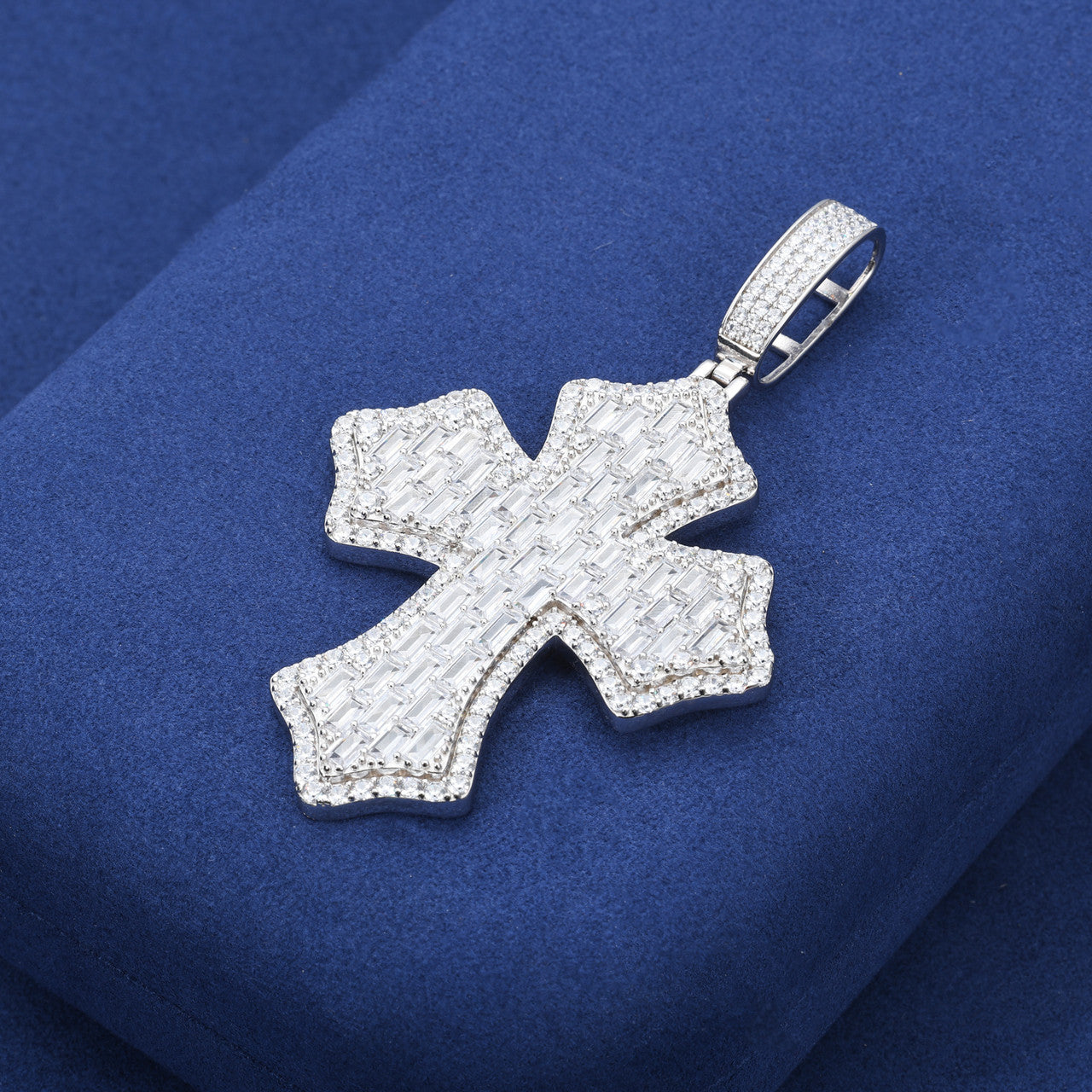 Cross Shield | Solid 925 Sterling Silver Moissanite Diamond Baguette Hip Hop Pendant