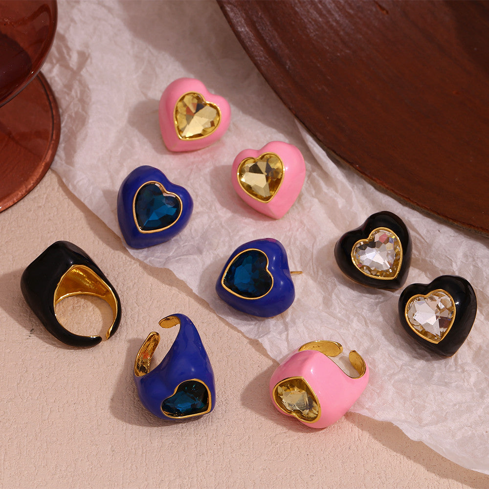 Colorful Gemstone Heart Enamel 18k Gold over Stainless Steel Earrings Rings Jewelry Set