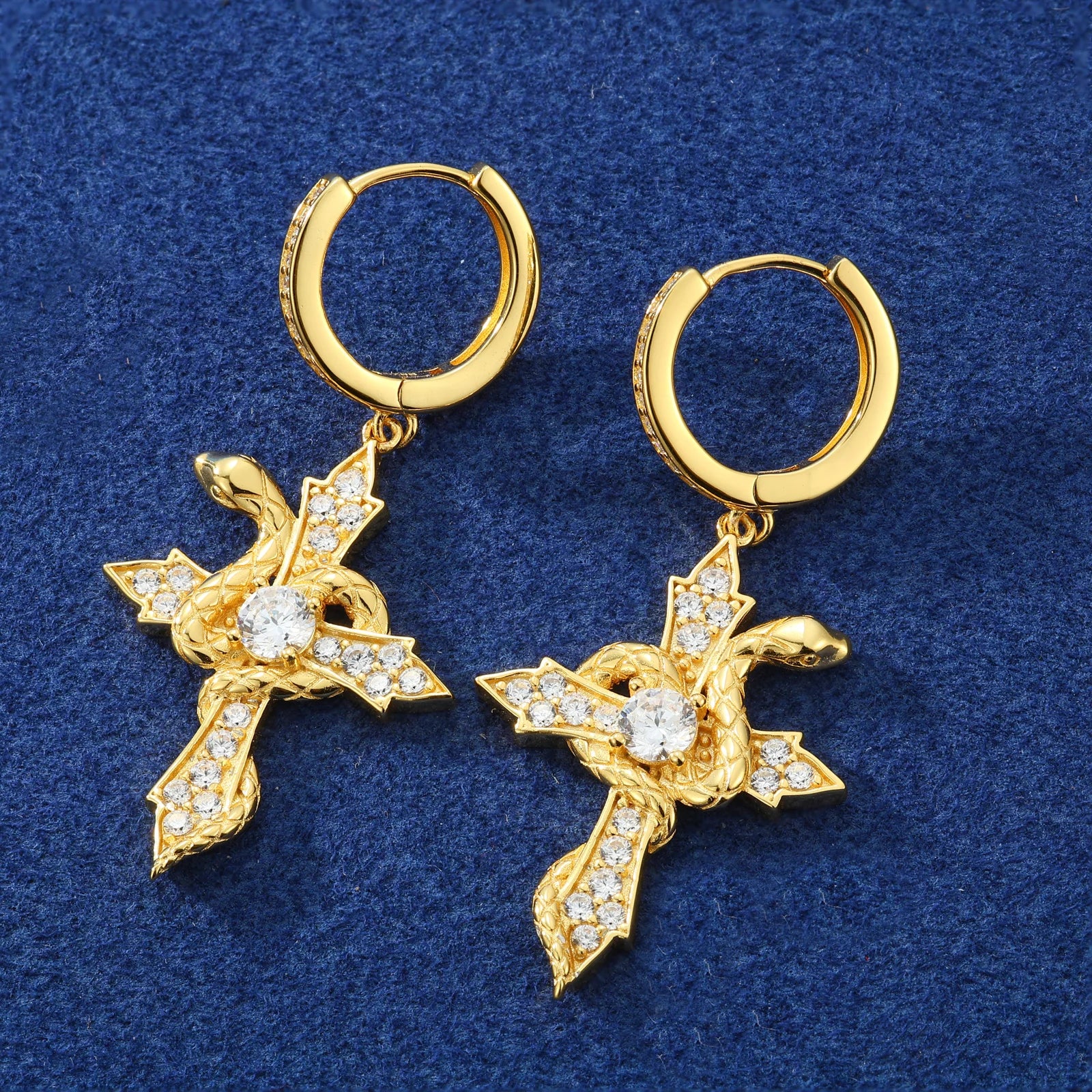 Serpent Arrow Cross | Iced Blinged Out Moissanite Diamond Huggie Dangle 925 Silver Earrings