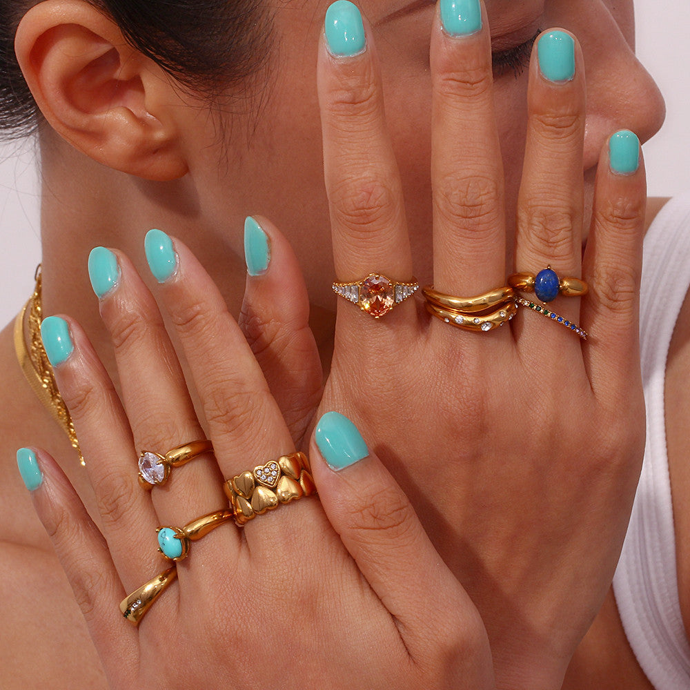 Stainless Steel Gem Lapis Turquoise 3A CZ 18k Gold Waterproof Bling Bling Rings