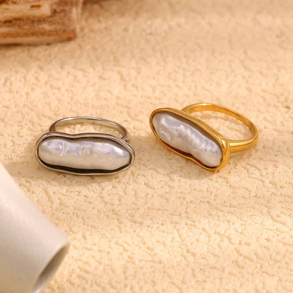 18k Gold Over No Fade Solid Stainless Steel Long Strip Freshwater Pearl Rings
