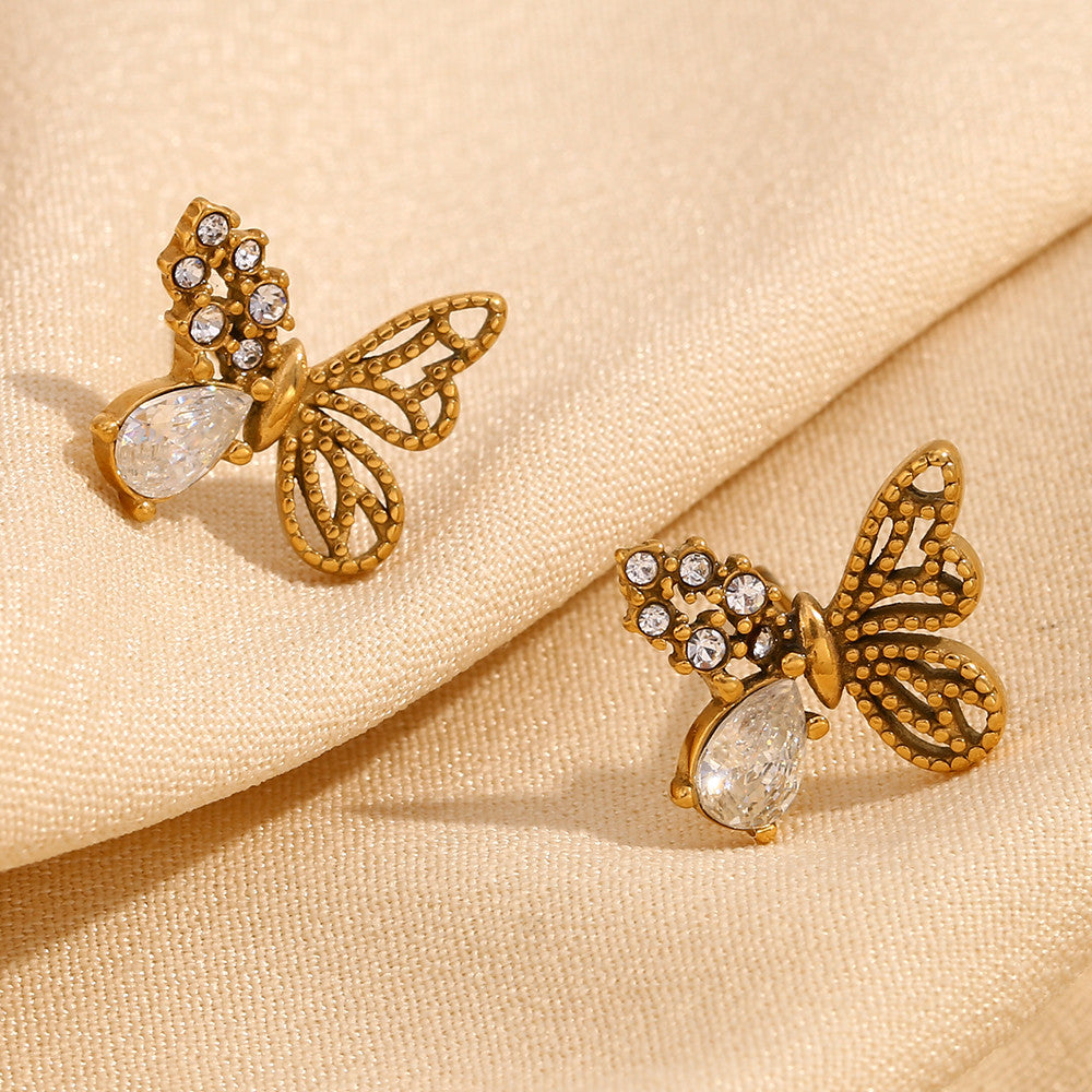 18k Gold Stainless Steel Half Set Zircon Butterfly Stud Waterproof Earrings