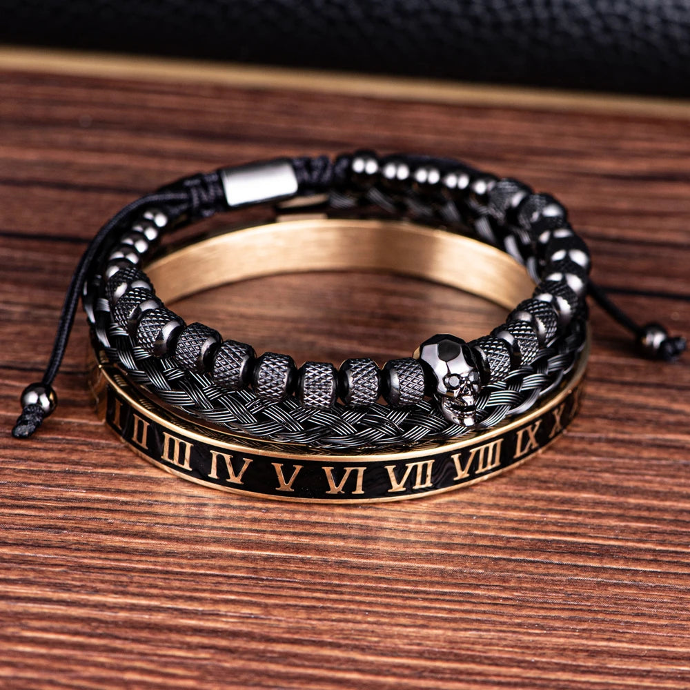 Secret Society | Luxury 3 Piece Stainless Steel Skull Roman Numerals Bracelet Set