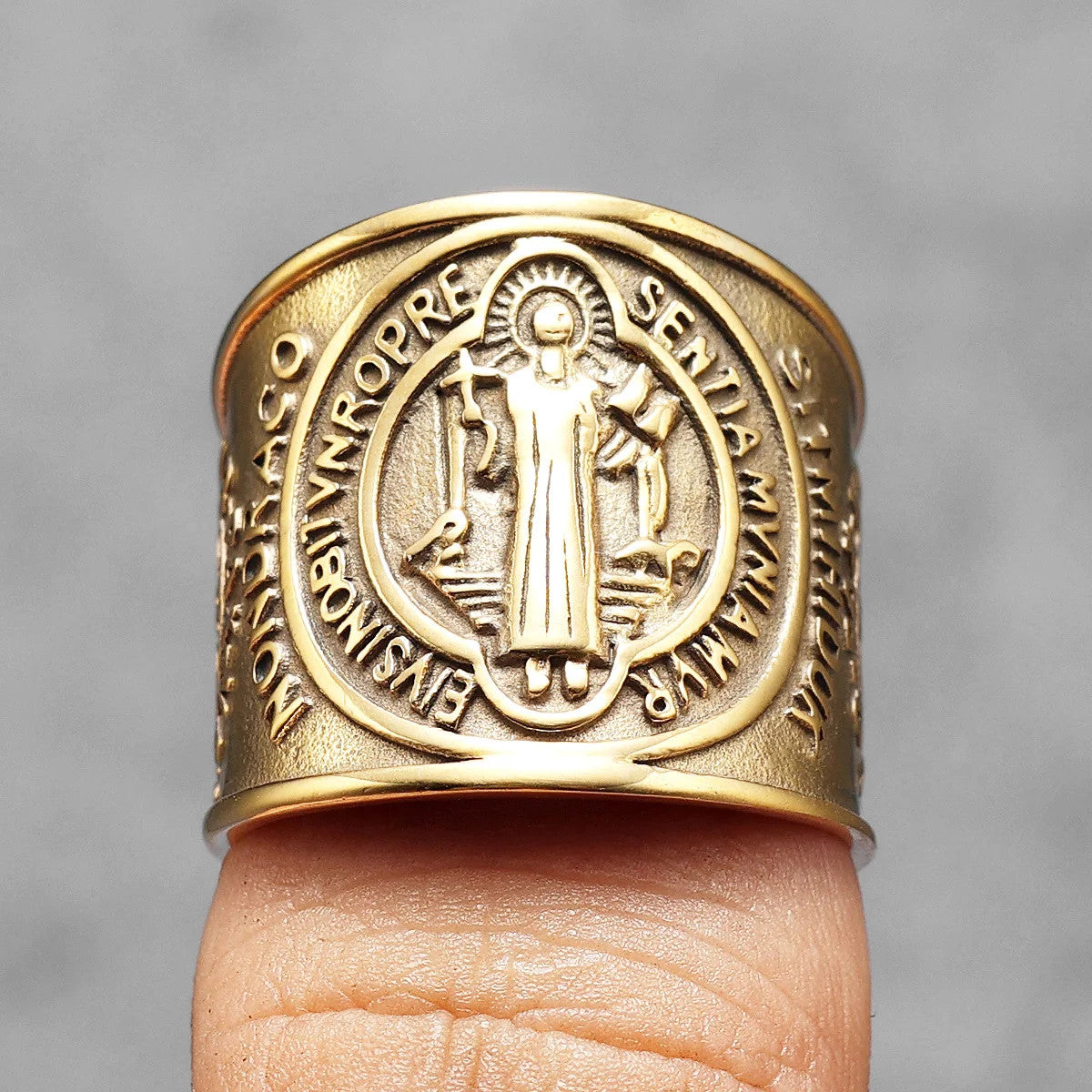 Saint Benedict | 14k Gold Over Solid No Fade Stainless Steel Exorcism Amulet Men Ring