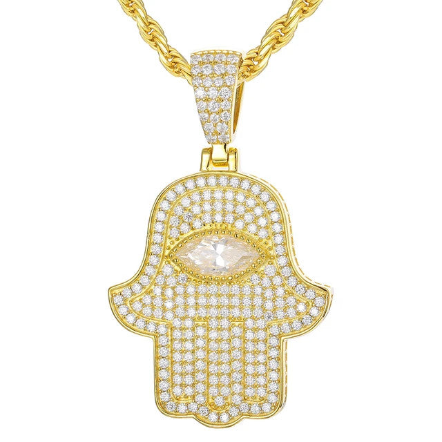 Hamsa Eye | VVS Moissanite Diamond Sterling Silver Hamsa Hand Of Protection Iced Pendant