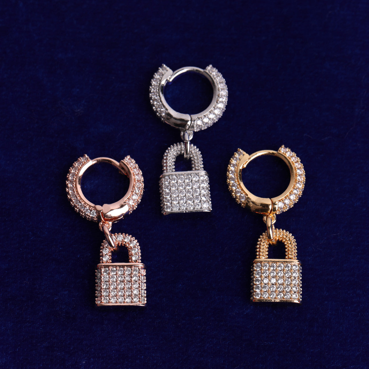 Rose Gold 925 Silver 24k Micro Pave Pad Lock Huggie Hip Hop Earrings