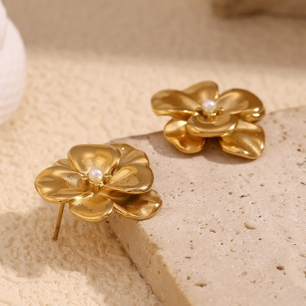 Layered Rose Petal | Center Pearl 18k Gold over No Fade Stainless Steel Earrings