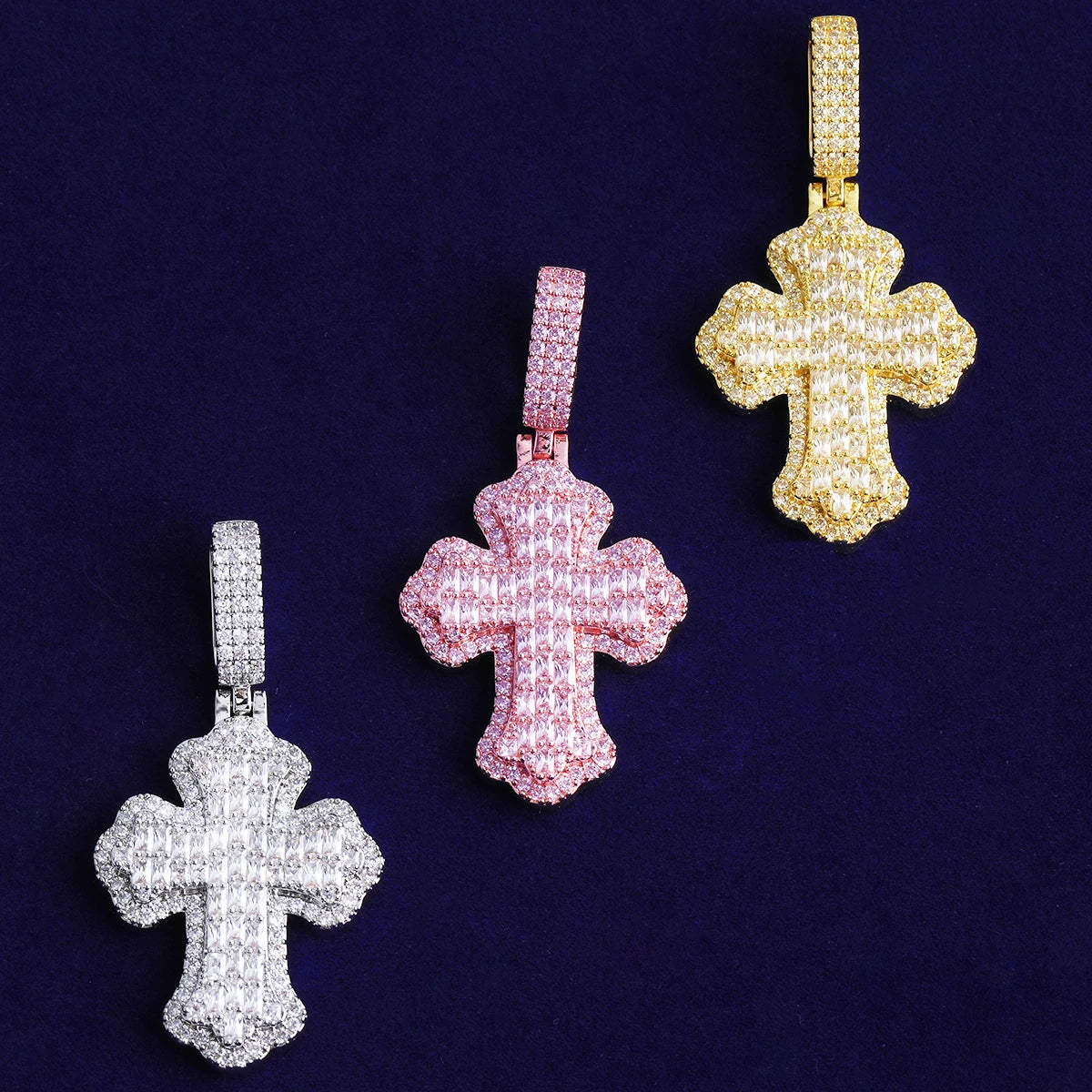Baguette Wave | VVS Diamond CZ Iced Blinged Out Prong Set Cross Pendant Chain