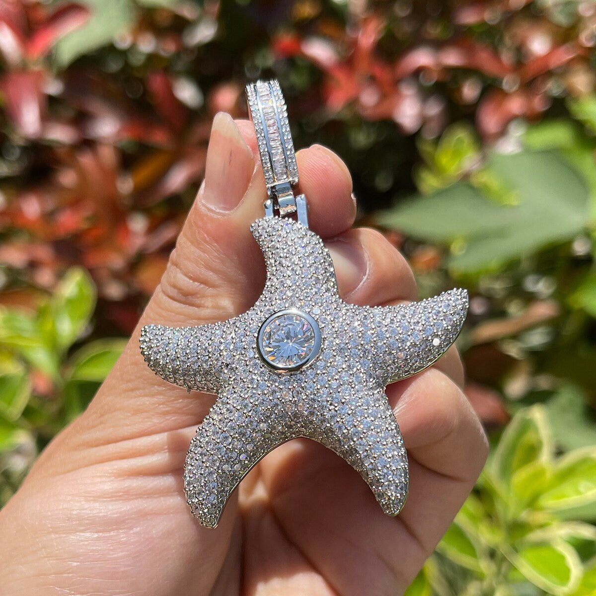 Center Stone Superstar Starfish Flooded Ice Streetwear Hip Hop Pendant Chain Necklaces