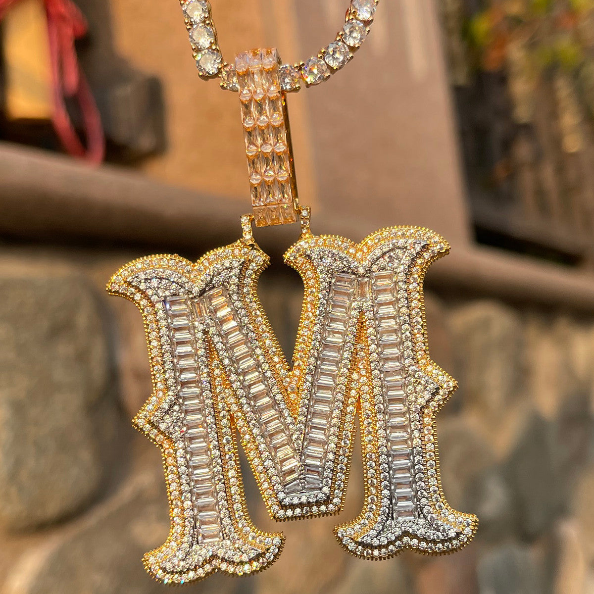 Alpha Baguette | Iced Blinged Out Initial Letter 4 Prong Set Hip Hop Pendants