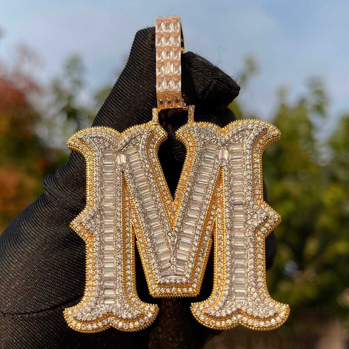 Alpha Baguette | Iced Blinged Out Initial Letter 4 Prong Set Hip Hop Pendants