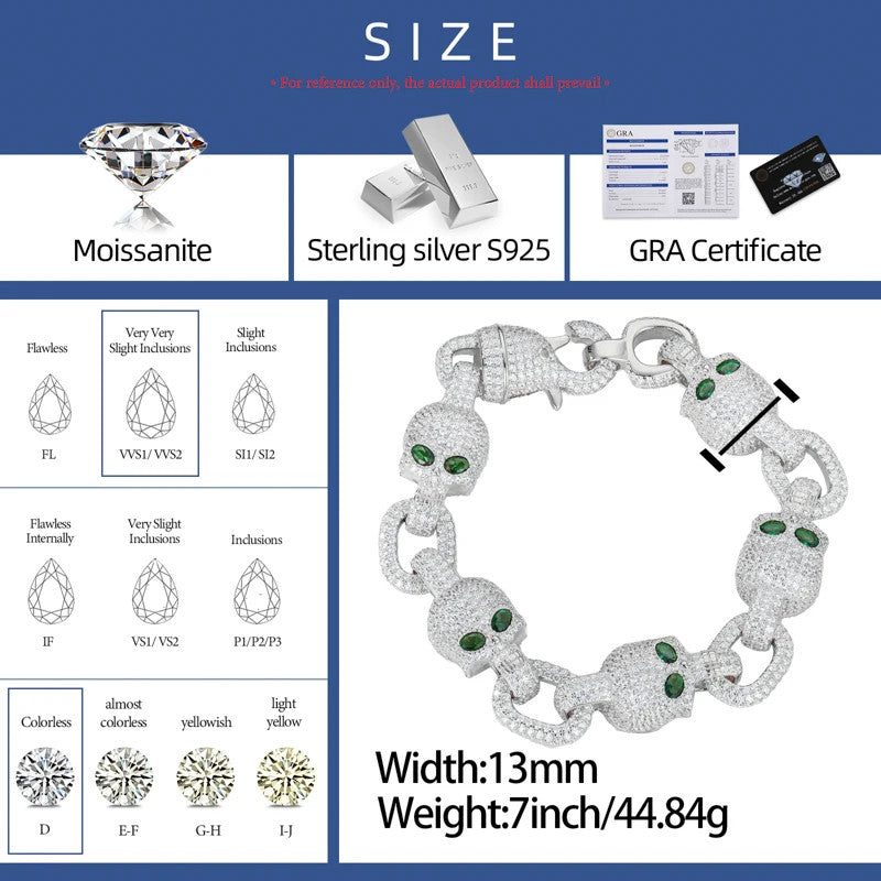 Chilled Skull | Solid Sterling Silver Moissanite Diamond Iced Designer Hip Hop Link Bracelet