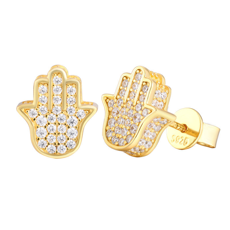 Mystic Hand | Moissanite Diamond 24k Gold Solid Silver Fatima Hamsa Hands Stud Earrings