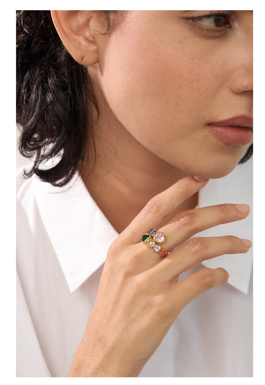 Ladies Cubic Zirconia Heart Stainless Steel 18k Gold Adjustable Fashion Open Ring