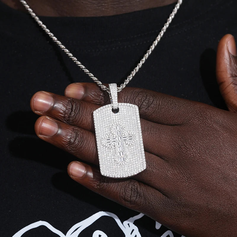 Tagged Baguette Cross | Moissanite Diamond Solid 925 Silver Hip Hop Dogtag Pendant