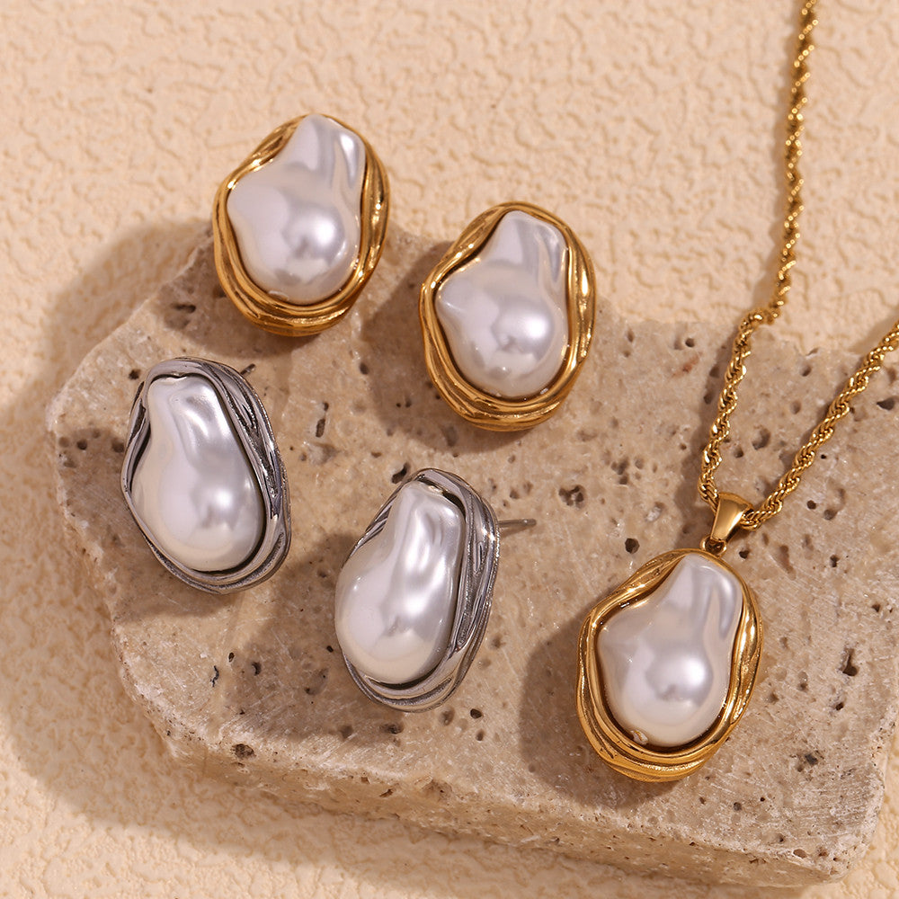 18k Gold Over Solid Stainless Steel Waterproof Imitation Pearl Patterned Earrings