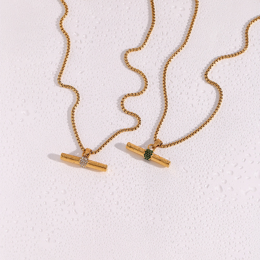 Stainless Steel Green CZ T Bar Pendant Square Pearl 18k Gold Hip Hop Chain Necklace