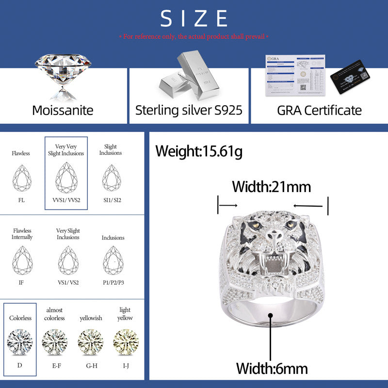 Eye Of The Tiger | Solid Sterling Silver VVS Moissanite Diamond Fierce Tiger Hip Hop Ring