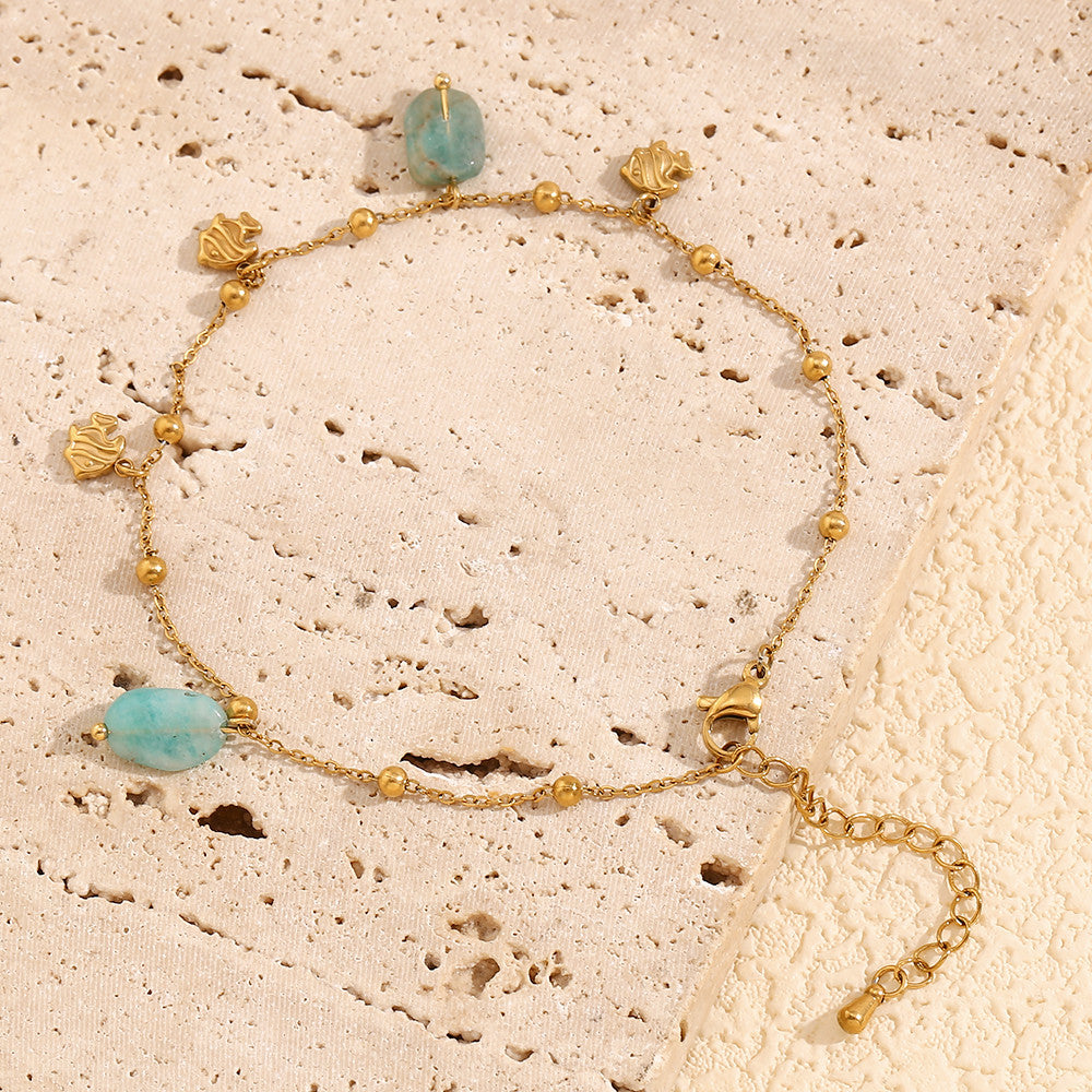 18k Gold Waterproof Cute Clown Fish Natural Amazonite Stone Anklets Ankle Bracelet
