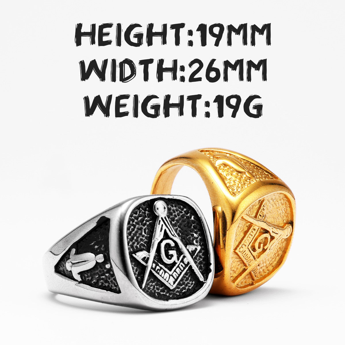 Masonic Luxury | Men's 14k Gold 316L No Fade Stainless Steel Free Mason Compass Square Rings