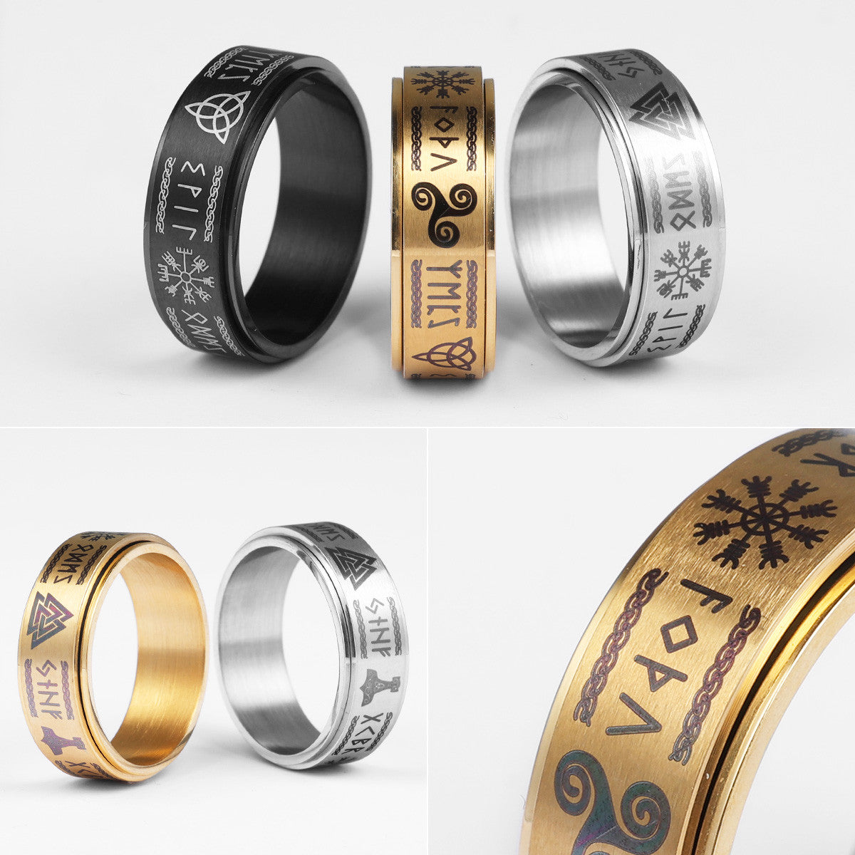 Vintage Nordic Viking | 316L Solid Stainless Steel Odin's Triangle Men's Rings