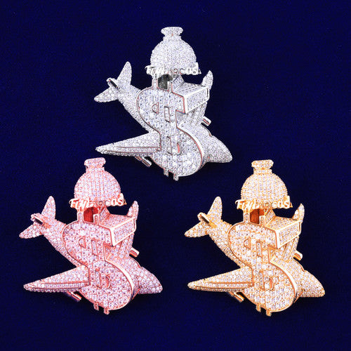 JetSet | Flying Cash VVS Diamond Money Bag Jet Airplane Dollar Sign Hip Hop Pendant