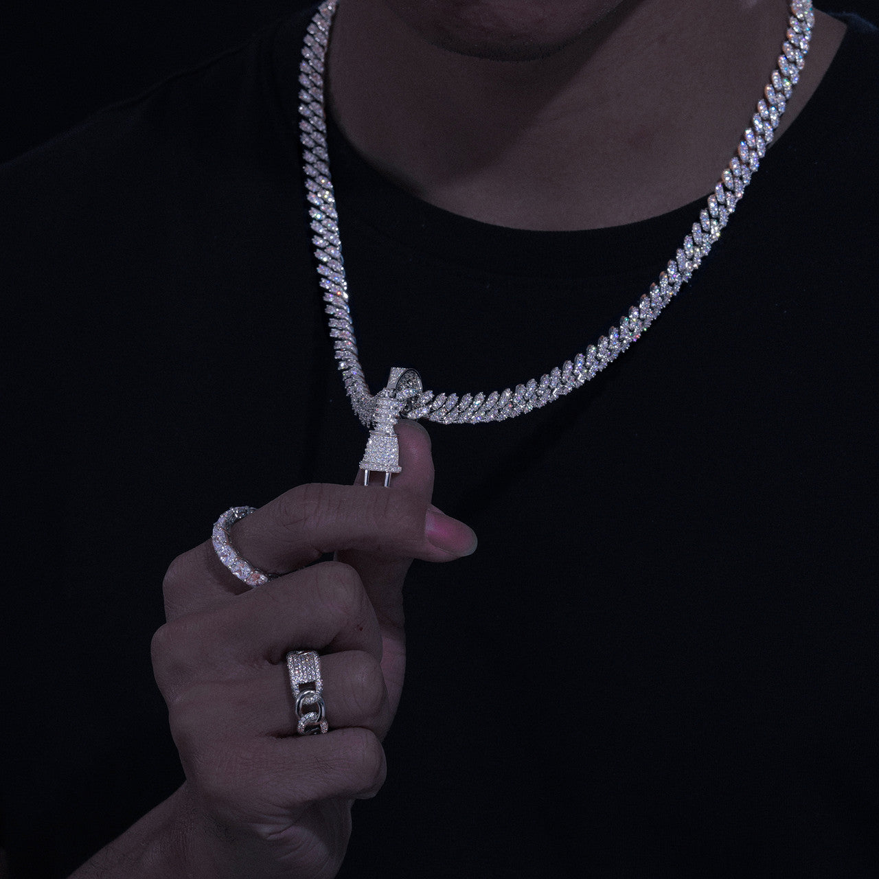 Mens Sterling Silver VVS Diamond Power Plug Hip Hop Pendant Chain Necklace