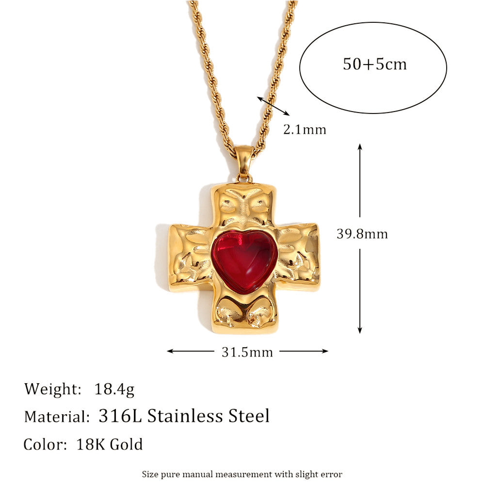 18k Gold Stainless Steel Hammered Pattern Heart Cross Agate Stone Pendant Necklace