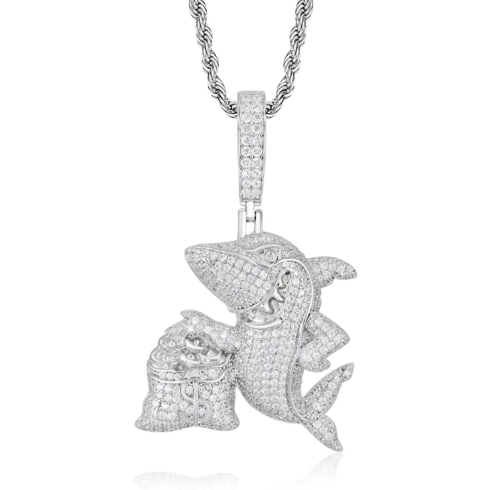 Hustler Shark | 925 Sterling Silver Iced Blinged Out Out Moissanite Shark Money Bag Pendant